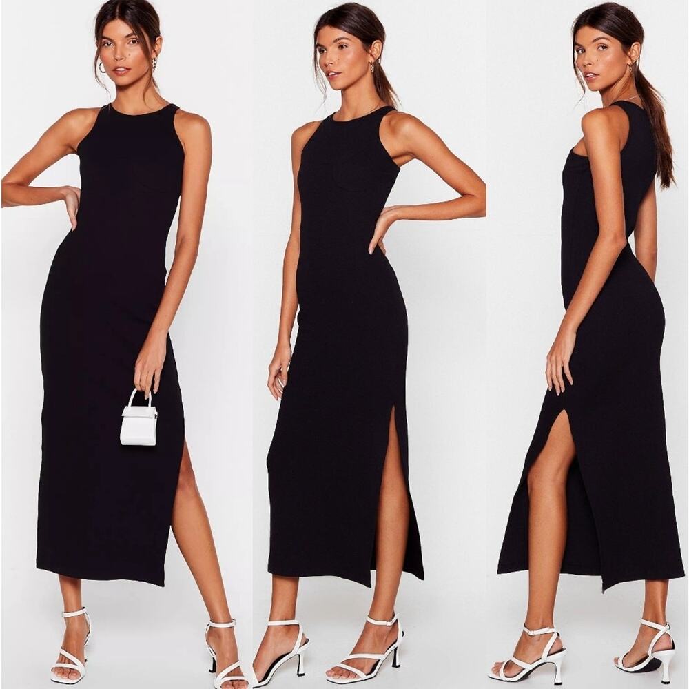 NWT Nasty Gal Standards Black High Ribbed Pullover Midi Dress Size XS